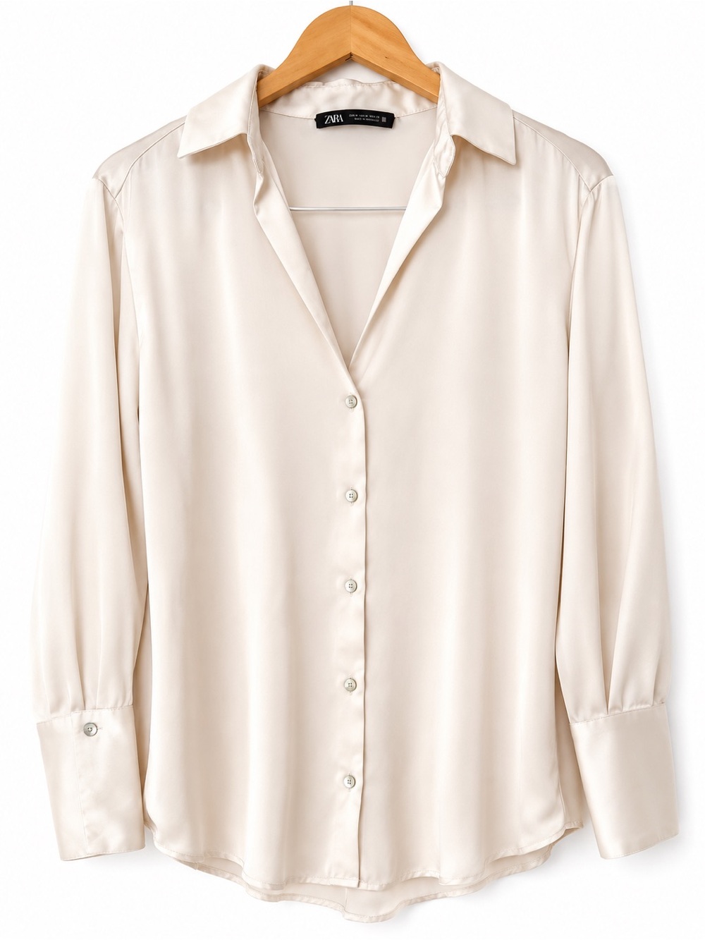 Zara Satin Ivory Button Up Blouse Minimalist Silk Feel Shirt-Like New